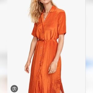 Scotch & Soda Maison Scotch Orange Crinkle Button Front Tie Waist Dress